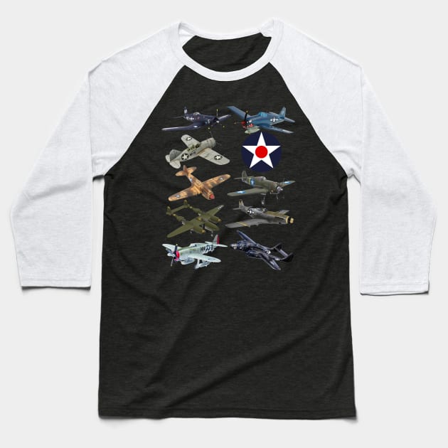 WW2 American Fighters F4U Corsair P-51 Mustang P-40 Warhawk Baseball T-Shirt by F&L Design Co.